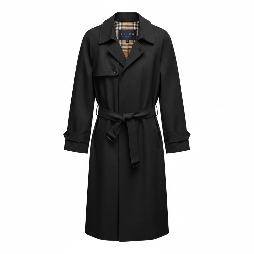 Ralph Ralph Lauren Mens Black Trench Coat Quilted Lining Belted Overcoat 42R
